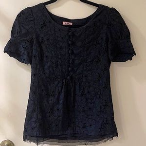 Juicy Couture Floral Eyelet Puff Sleeve Cotton Blouse